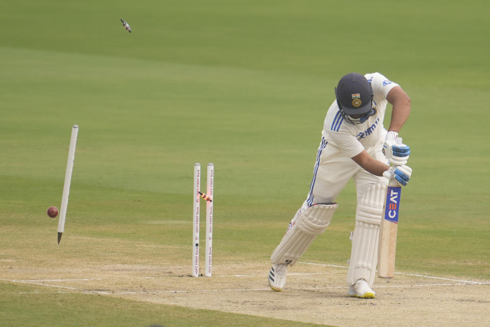 India's captain Rohit Sharma cleans bold by England's James Anderson on the third day of the second test match between India and England, in Visakhapatnam, India, Sunday, Feb. 4, 2024. (AP Photo/Manish Swarup)