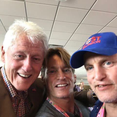 <p>Woody Harrelson Instagram</p> Woody and Brett Harrelson with Bill Clinton.