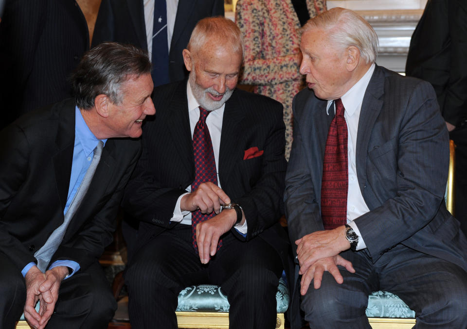 Michael Palin pictured with Sir Chris Bonington and Sir David Attenborough.