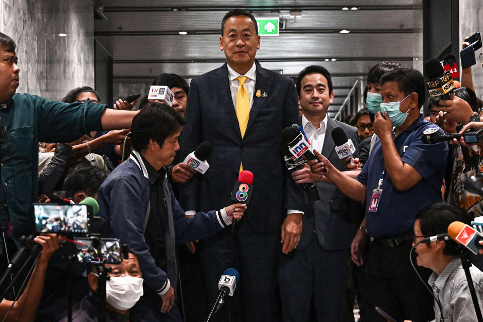 Srettha arrives at party headquarters to give a press conference on Aug. 24, 2023, just two days after he became prime minister.<span class="copyright">Lillian Suwanrumpha—AFP/Getty Images</span>