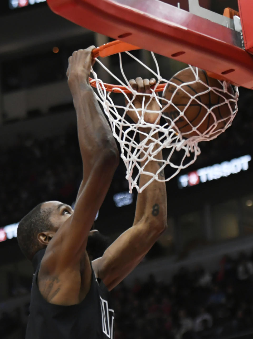 Brooklyn Nets' Kevin Durant dunks during the first half of the team's NBA basketball game against the Chicago Bulls on Wednesday, Jan. 4, 2023, in Chicago. (AP Photo/Paul Beaty)