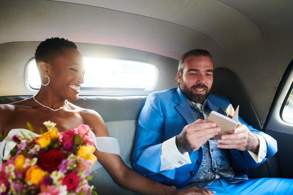 Krystina Burton and Gabriel Solberg being chauffeured to their wedding.