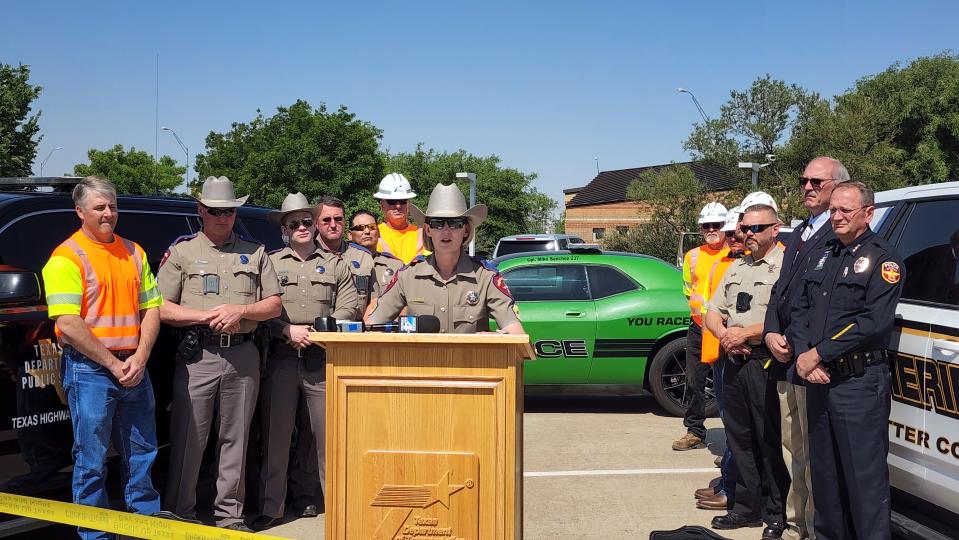 Sergeant Cindy Barkley of the Texas Department of Public Safety speaks Thursday about the kicking off of the "Click it or Ticket"  campaign for Memorial Day weekend during an event held at the Texas Travel Information Center in Amarillo.