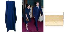 <p>Markle's sophisticated evening look combined fashion with formality. She paired her navy Stella by Stella McCartney cape dress (longer version available <a rel="nofollow noopener" href="https://www.farfetch.com/uk/shopping/women/stella-mccartney-long-cape-dress-item-12732342.aspx?storeid=9984&size=19&pid=googleadwords_int&af_channel=Search&c=629762120&af_c_id=629762120&af_siteid=&af_keywords=aud-169879449902:pla-381862307486&af_adset_id=51529112772&af_ad_id=217936171101&is_retargeting=true&gclid=EAIaIQobChMIh7Pqz4fQ2gIVr7vtCh3sbgEsEAQYASABEgI_R_D_BwE" target="_blank" data-ylk="slk:here;elm:context_link;itc:0;sec:content-canvas" class="link ">here</a>), with a pair of Manolo Blahnik BB pumps. She carried a chic <a rel="nofollow noopener" href="https://www.modaoperandi.com/naeem-khan-ss17/armory-zodiac-clutch" target="_blank" data-ylk="slk:Naeem Khan Armory Zodiac clutch bag;elm:context_link;itc:0;sec:content-canvas" class="link ">Naeem Khan Armory Zodiac clutch bag</a> (sold out but similar zodiac-inspired pieces <a rel="nofollow noopener" href="https://www.elle.com/uk/fashion/what-to-wear/articles/g31277/zodiac-star-sign-horoscope-gifts-jewellery-clothes-accessories/" target="_blank" data-ylk="slk:here;elm:context_link;itc:0;sec:content-canvas" class="link ">here</a>) to complete the outfit.</p>