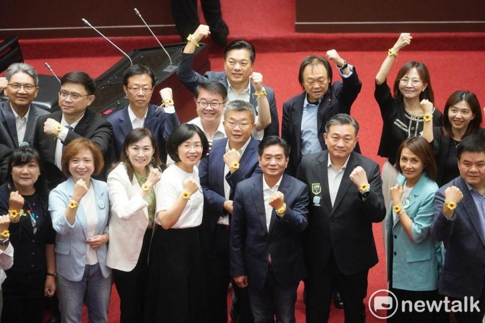 民進黨立委在立法院覆議案投票前秀出太陽花手環。   圖：張良一/攝