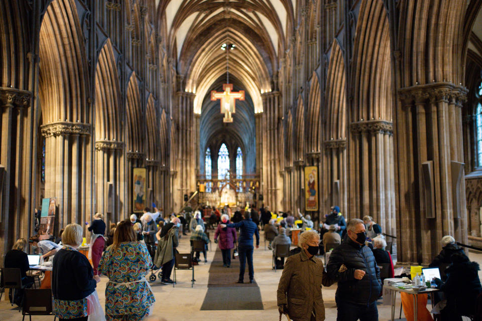 Members of the public at Lichfield Cathedral, Staffordshire, to receive the Oxford/AstraZeneca coronavirus vaccine.PA