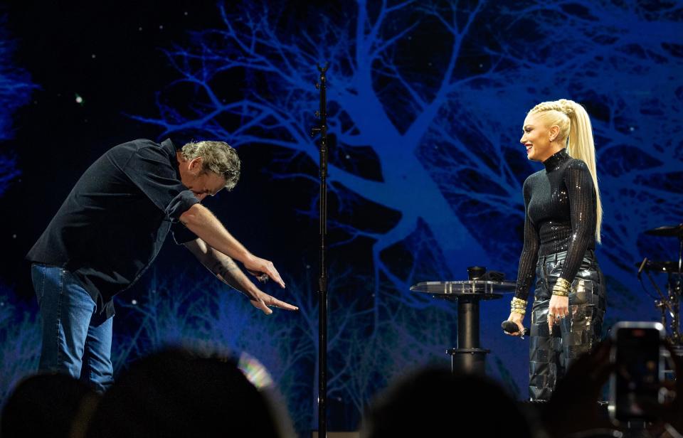 Blake Shelton and Gwen Stefani perform onstage at Bud Light Super Bowl LVI Music Fest held at Crypto.com Arena on February 11, 2022 in Los Angeles, California. - Credit: Christopher Polk for Variety