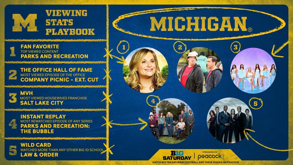 The "viewing stats playbook" of the University of Michigan, provided by Peacock to mark Big Ten football season.