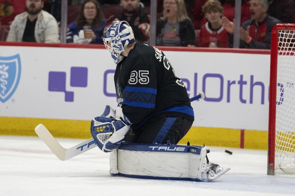 Toronto Maple Leafs goaltender Ilya Samsonov deflects the puck during the second period of the team's NHL hockey game against the Chicago Blackhawks on Sunday, Feb. 19, 2023, in Chicago. (AP Photo/Erin Hooley)