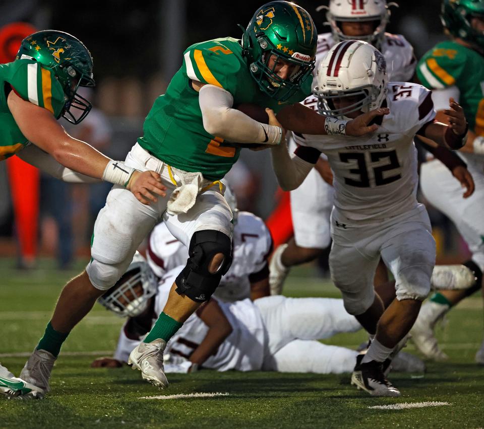 Idalou's William Wall (2) scores a touchdown during the game against Littlefield, Friday, Sept. 17, 2021, in Idalou, Texas.