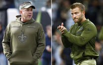 FILE - At left, in a Nov. 11, 2018, file photo, New Orleans Saints head coach Sean Payton walks the field during practice before an NFL football game against the Cincinnati Bengals in Cincinnati. At right, in a Nov. 4, 2018, file photo, Los Angeles Rams head coach Sean McVay walks on the field before an NFL football game against the New Orleans Saints in New Orleans. The Rams and Saints will play in the NFC conference championship on Sunday, Jan. 20, in New Orleans. (AP Photo/File)