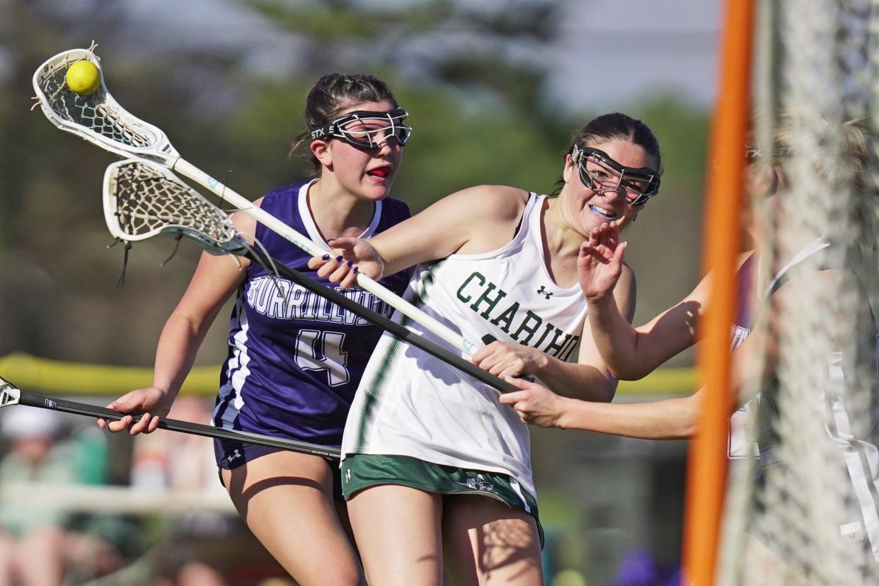 Chariho's Chaia Elwell competes against Burrillville in girls lacrosse on Monday.