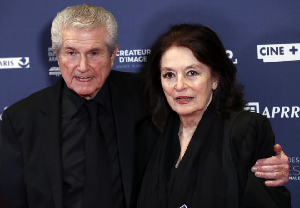 FILE - French director Claude Lelouch, left, and French actress Anouk Aimee pose on the red carpet upon their arrival at the 24th Lumieres Awards ceremony in Paris, Monday, Feb. 4, 2019. French actress Anouk Aimée, winner of a Golden Globe for her starring role in "A Man and a Woman" by legendary French director Claude Lelouch, has died, her agent said Tuesday. She was 92. (AP Photo/Christophe Ena, File)