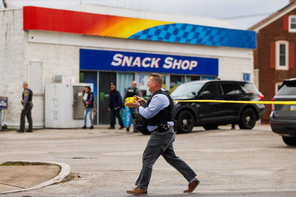 Police cordon off the scene of a shooting at the Sunoco on the 400 block of Broadway, Friday, Feb. 2, 2024, in Hanover Borough.