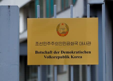 A sign outside the compound of the North Korean embassy is pictured in Berlin, Germany, May 9, 2017. The sign reads "Democratic People's Republic of Korea". REUTERS/Fabrizio Bensch