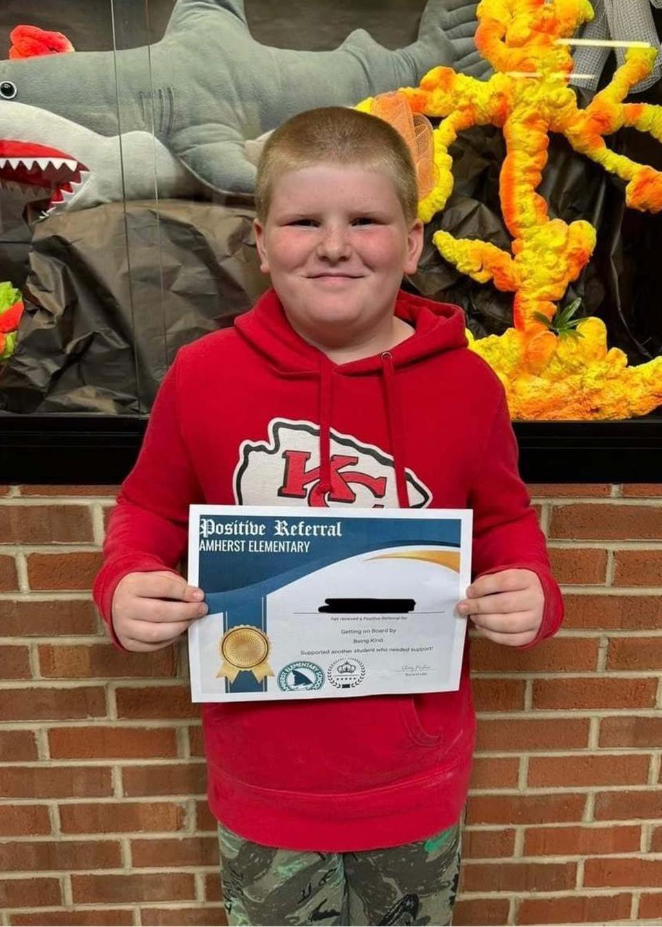 Lennon Kennedy earned a positive referral from Amherst Elementary School for being kind and working well with others. Dec. 2023.