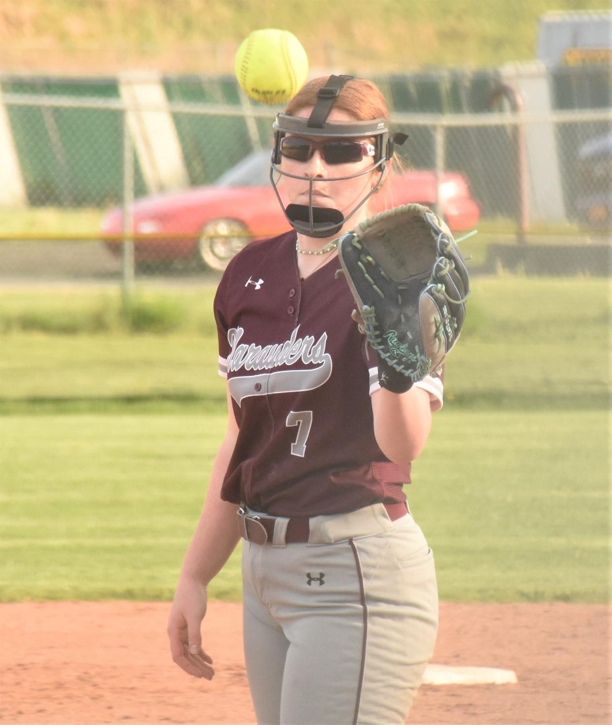 Sherburne-Earlville pitcher Haleigh Fisher prepares to catch the return throw from her catcher in Herkimer Monday. Fisher pitched a one-hit shutout and walked one batter while striking out 17 Magicians; she retired 17 consecutive batters between the first and seventh innings.