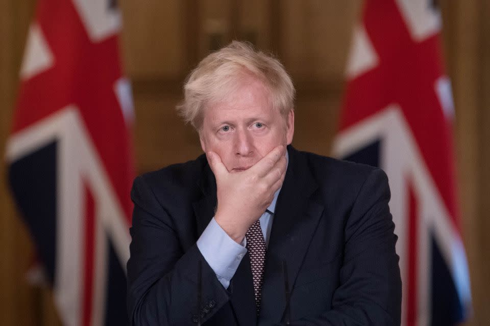 Prime Minister Boris Johnson during a virtual press conference at Downing Street