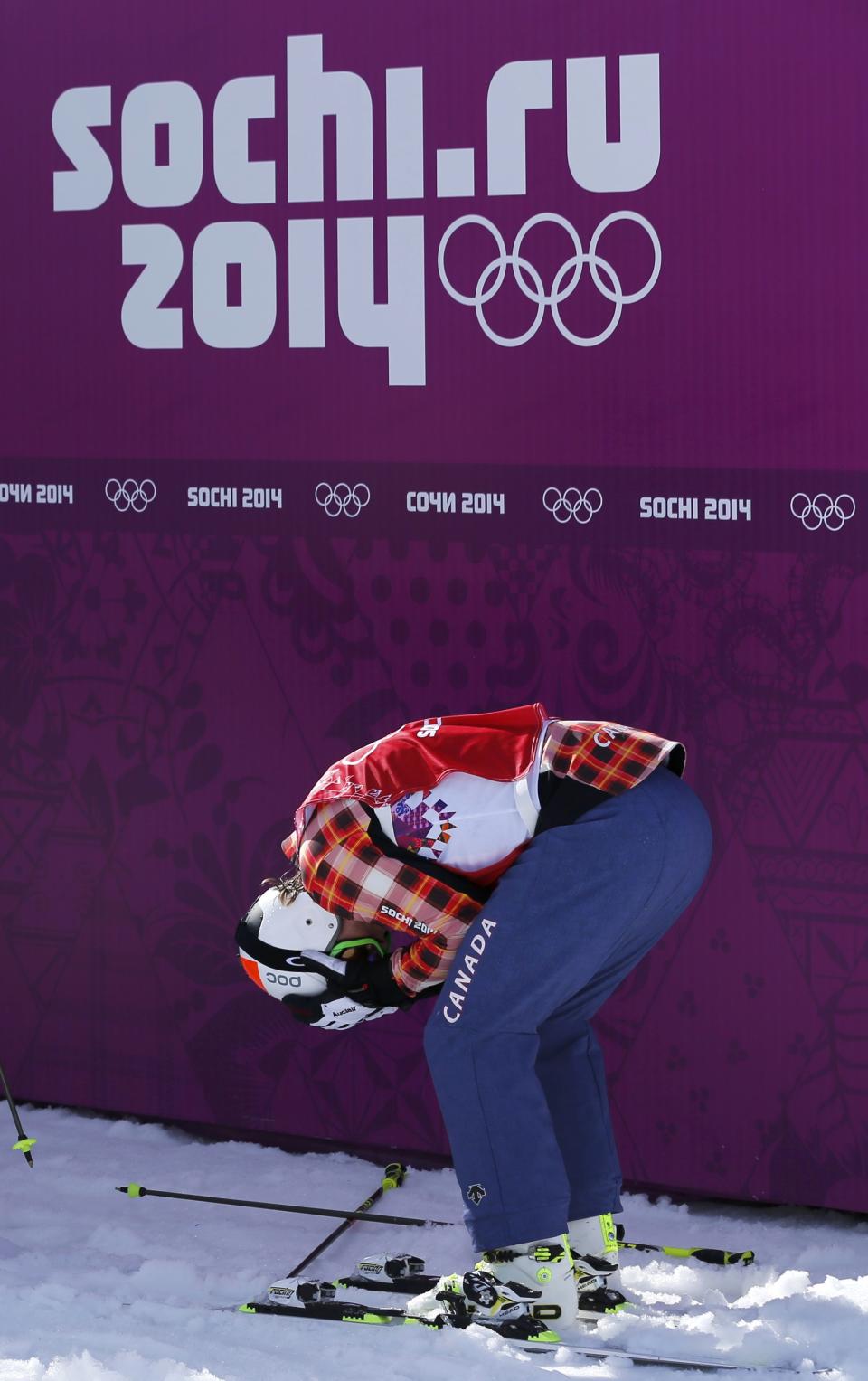 Canada's Brady Leman reacts after the men's freestyle skiing skicross finals at the 2014 Sochi Winter Olympic Games in Rosa Khutor February 20, 2014. REUTERS/Mike Blake (RUSSIA - Tags: SPORT OLYMPICS SPORT SKIING)