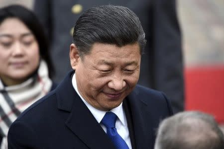 China's President Xi Jinping during the official welcoming ceremony in front of the Presidential Palace, in Helsinki, Finland April 5, 2017. Lehtikuva/Martti Kainulainen/via REUTERS