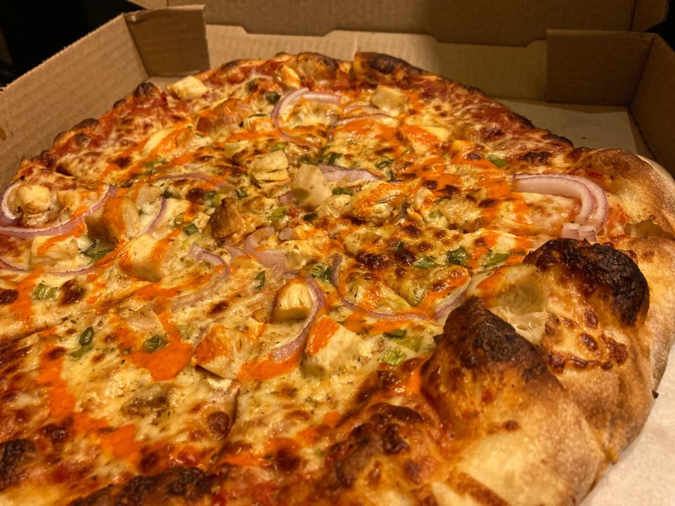 A Buffalo Chicken pizza from Dough Co.