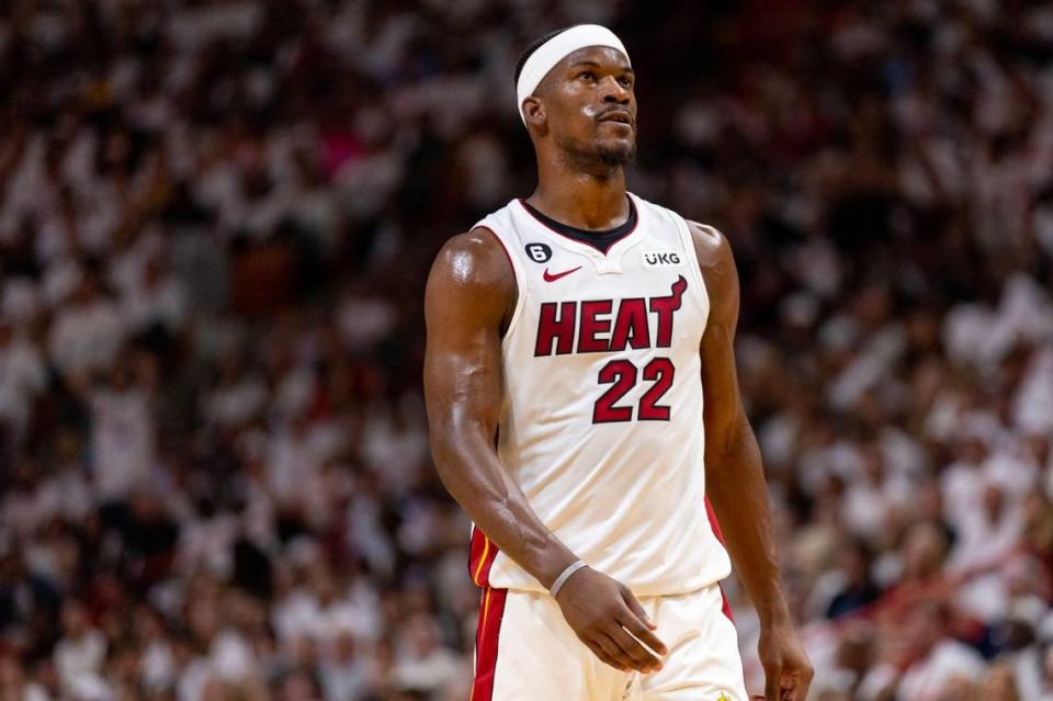 Miami Heat forward Jimmy Butler (22) reacts during the first half of Game 4 of the NBA Finals against the Denver Nuggets at the Kaseya Center on Friday, June 9, 2023, in downtown Miami, Fla.