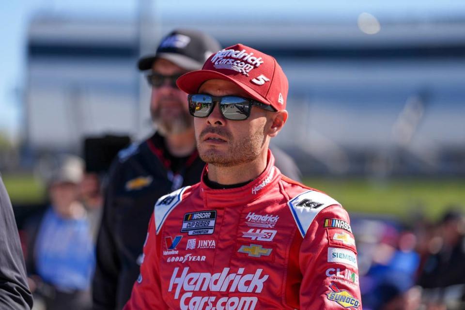 Apr 6, 2024; Martinsville, Virginia, USA; NASCAR Cup Series driver Kyle Larson (5) looks on during practice at Martinsville Speedway. Jim Dedmon/USA TODAY Sports