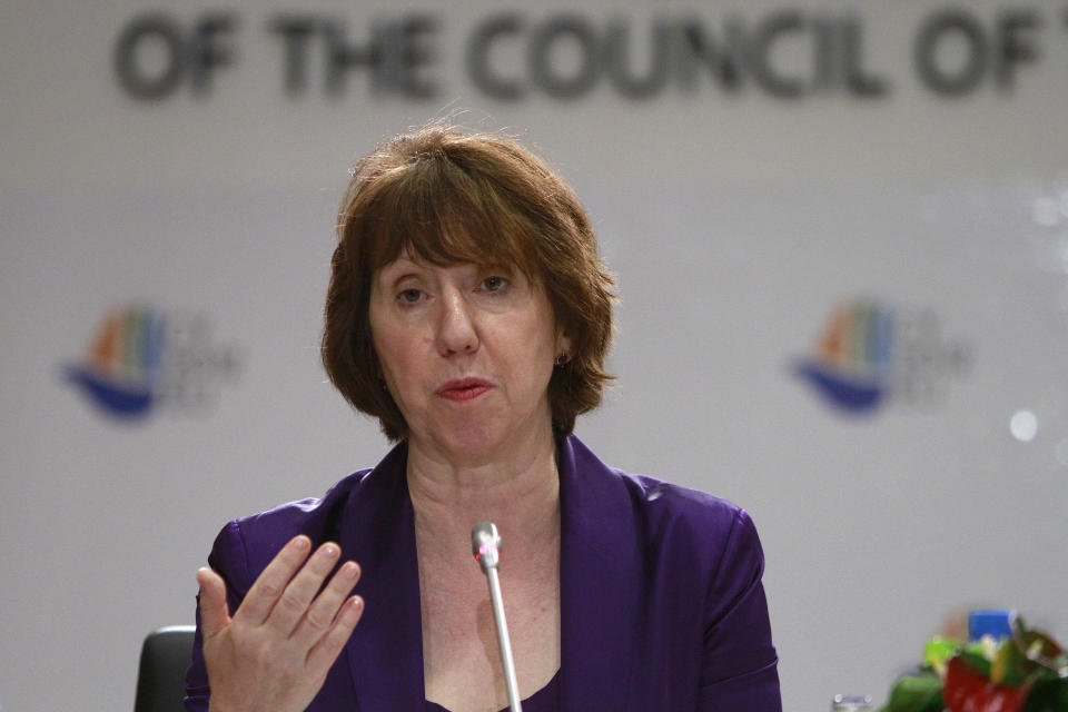 EU foreign policy chief Catherine Ashton and Cyprus' foreign minister Erato Kozakou-Marcoullis, unseen, speak to the media during a press conference in Cyprus conference center in capital Nicosia, Cyprus, Saturday, Sept. 8, 2012. Ashton said that a top priority for the EU is to offer its full backing to the new U.N.-Arab League envoy to Syria, Lakhdar Brahimi who is set to begin mediation efforts to end the violence between Syrian President Bashar Assad’s regime and opposition groups seeking to topple his rule. (AP Photo/Petros Karadjias)