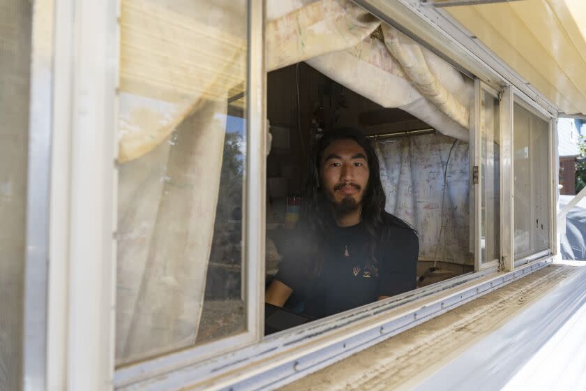 SANTA CRUZ, CA - SEPTEMBER 21, 2022: Matthew, a University of California Santa Cruz student, inside the trailer where he lives in Santa Cruz, Calif., Wednesday, Sept. 21, 2022. (Nic Coury / For The Times)