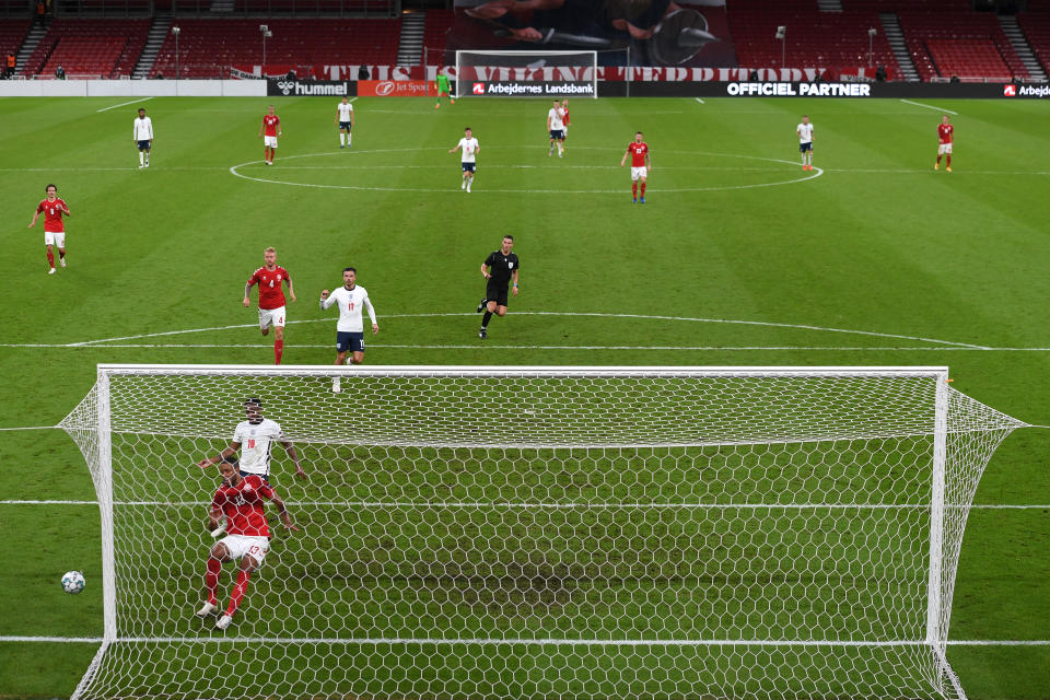 COPENHAGEN, DENMARK - SEPTEMBER 08: General view inside the stadium as Mathias Jorgensen of Denmark clears the ball from the line during the UEFA Nations League group stage match between Denmark and England at Parken Stadium on September 08, 2020 in Copenhagen, Denmark. (Photo by Michael Regan/Getty Images)