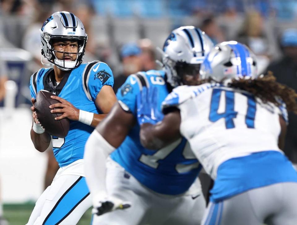 Carolina Panthers quarterback Bryce Young has time to move in the pocket as the offensive line provides protection during first quarter action against the Detroit Lions on Friday, August 25, 2023 at Bank of America Stadium in Charlotte, NC.