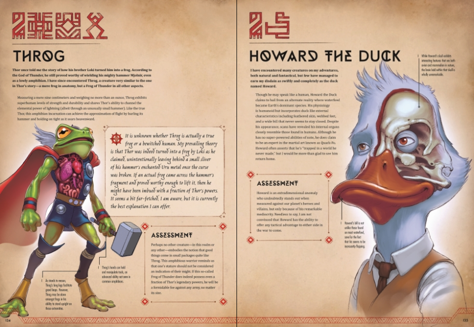 Artwork for Throg and Howard the Duck in the book Marvel Anatomy: A Scientific Study of the Superhuman 