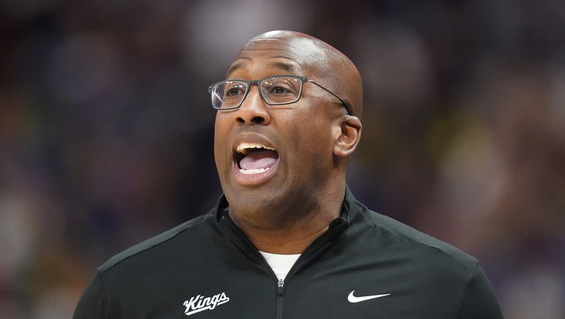 Sacramento Kings coach Mike Brown shouts to players during the second half of the team’s NBA basketball game against the Utah Jazz on Wednesday, Oct. 25, 2023, in Salt Lake City.