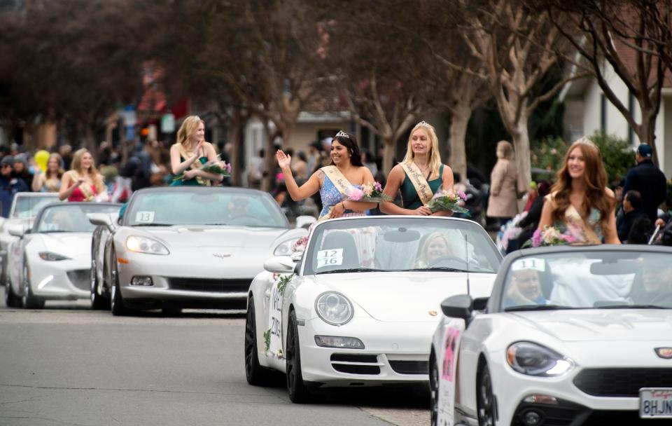 Miss Almond Blossom princesses ride in the annual Almond Blossom Festival parade in downtown Ripon on Saturday, Feb. 25, 2023. The parade is the centerpiece of the 4-day festival.