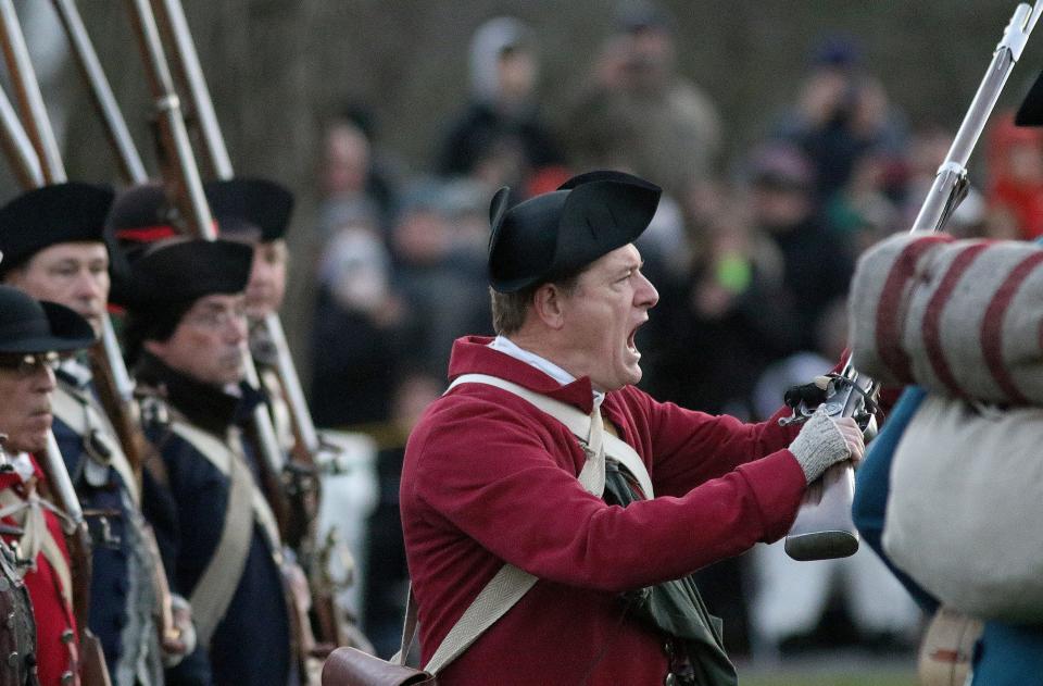 Lt. William Tidd, portrayed by Barry Cunha, yelled to the British "you'll not get my gun!" as the two sides faced off on Lexington Green in April 2022.