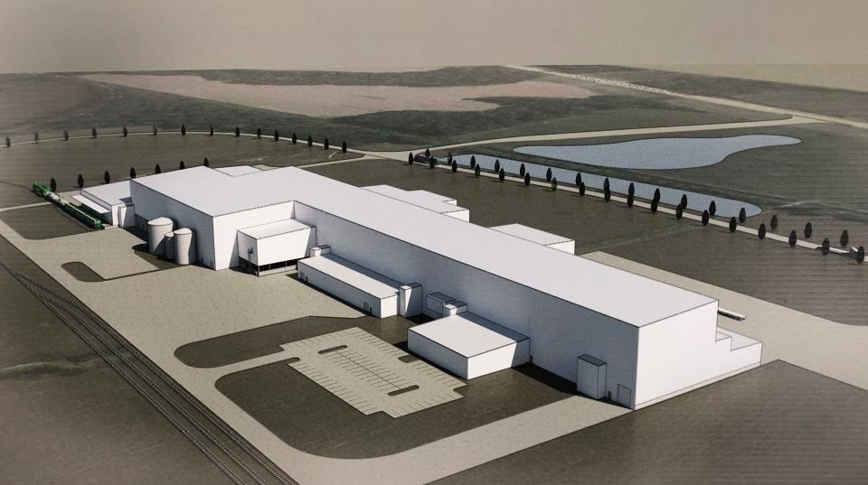 An artist’s rendering shows one of the plants that Pratt Paper will build on Henderson’s Kentucky 425/South Bypass as part of a $500 million paper recycling and corrugated box manufacturing complex.