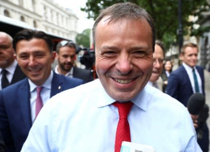 FILE PHOTO: Arron Banks and Andy Wigmore, who ran the Leave.Eu pro-Brexit referendum campaign, arrive to give evidence to the Digital Culture Media and Sport Parliamentary Committee in London, Britain, June 12, 2018. REUTERS/Simon Dawson/File Photo