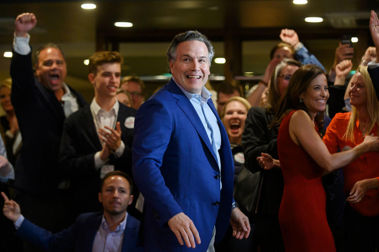 Pennsylvania Republican Senate candidate Dave McCormick and his wife, Dina Powell McCormick, greet supporters during a primary election night event in Pittsburgh in 2022. (Jeff Swensen / Getty Images)