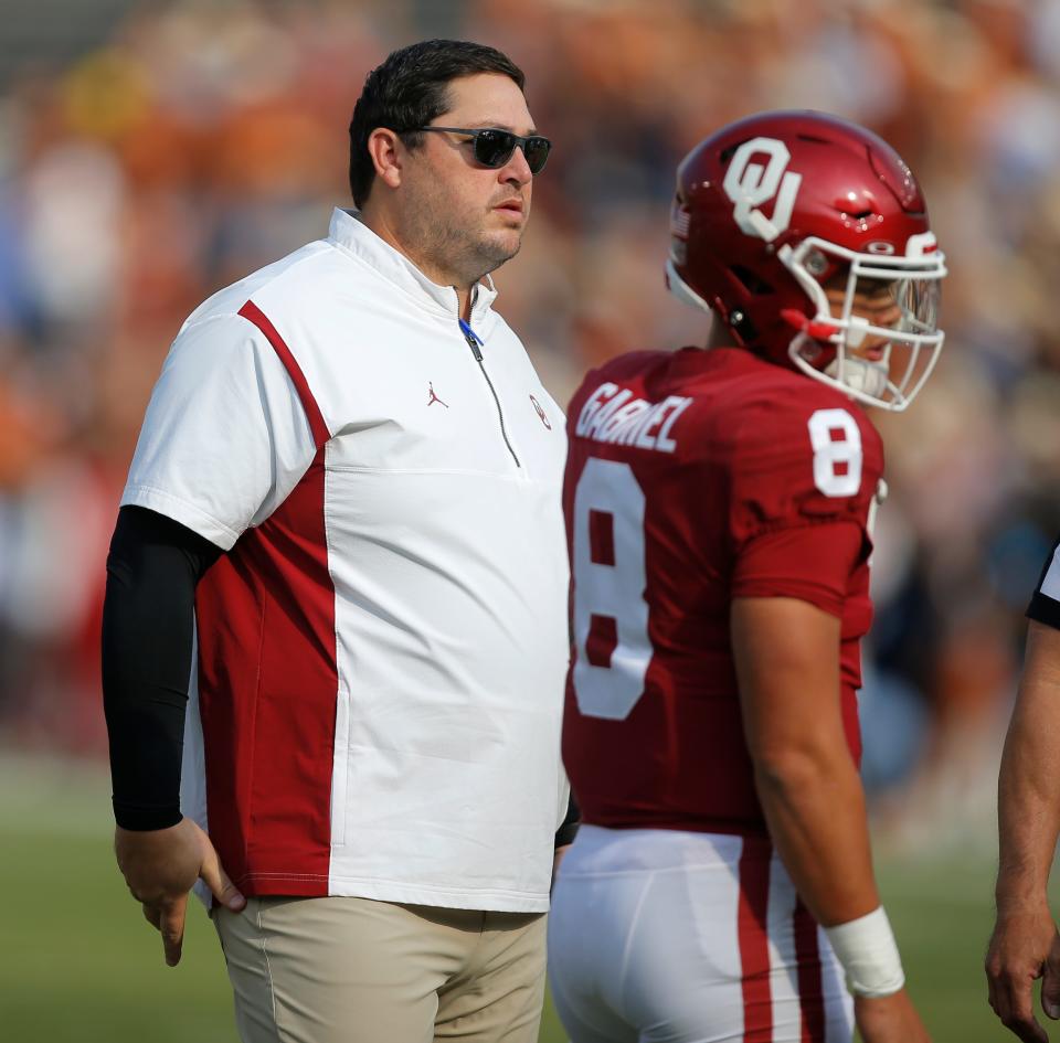 Offensive coordinator Jeff Lebby before the Red River Showdown college football game between the University of Oklahoma (OU) and Texas at the Cotton Bowl in Dallas, Saturday, Oct. 8, 2022.  Texas won 49-0.