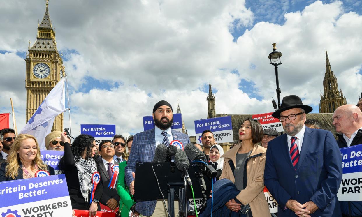 <span>Monty Panesar (centre) and George Galloway (wearing hat on right) campaigning outside parliament on Tuesday</span><span>Photograph: Leon Neal/Getty Images</span>