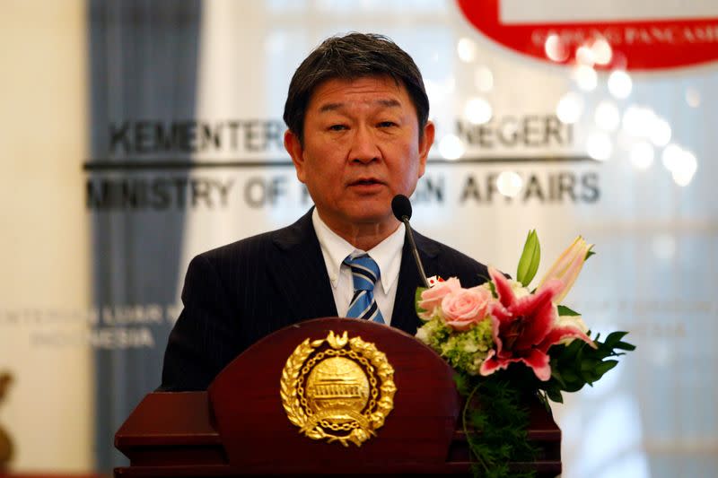 FILE PHOTO: Japanese Foreign Minister Toshimitsu Motegi delivers his speech during a press briefing with Indonesia's Foreign Minister Retno Marsudi in Jakarta, Indonesia