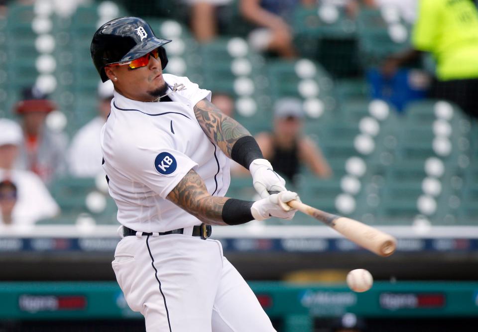 Tigers shortstop Javier Baez swings for a strike during the sixth inning of the Tigers' 8-2 loss in Game 1 of the doubleheader against the Twins on Tuesday, May 31, 2022, at Comerica Park.