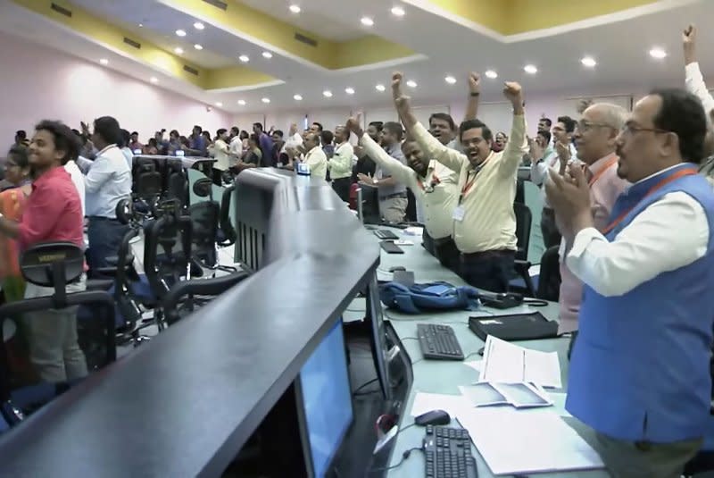 Indian Space Research Organization scientists celebrate at the ISRO Telemetry Tracking and Command Network center in Bengaluru, India, on Monday after the successful lunar landing of Chandrayaan-3 spacecraft on the south pole of the moon. Photo by Indian Space Research Organization