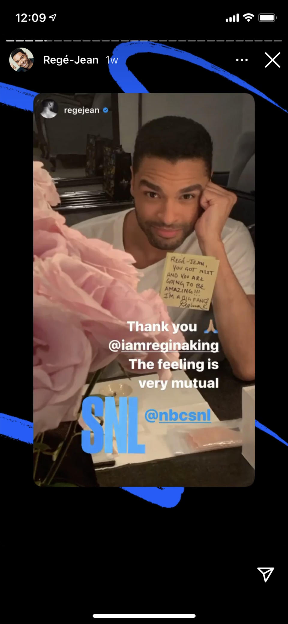 King let Regé-Jean Page know that she would be cheering him on. (Regejean / Instagram)