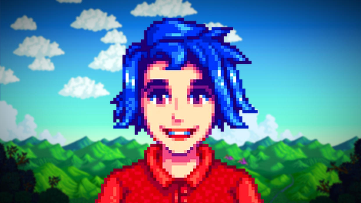  Stardew Valley character Emily, a woman with short bright blue hair, smiles ahead of a blurred cloudy backdrop. 
