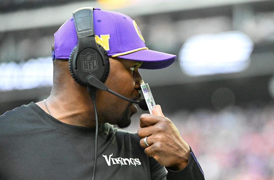 Vikings defensive coordinator Brian Flores has gotten his unit off to a good start this season. (Photo by Stephen Maturen/Getty Images)