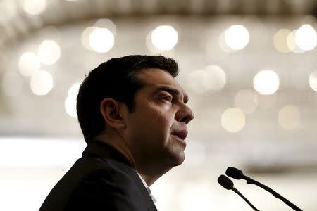 Greek Prime Minister Alexis Tsipras delivers a speech during the Economist Conference on "Europe: The comeback, Greece: How resilient?" in Athens May 15, 2015. REUTERS/Alkis Konstantinidis