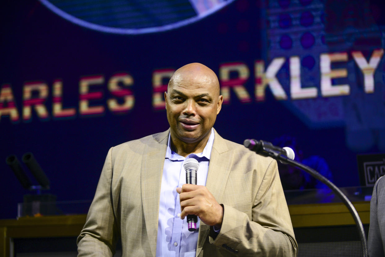 ATLANTIC CITY, NEW JERSEY - SEPTEMBER 08: Charles Barkley  speaks to guests during the Julius Erving Red Carpet and Pairings Party at Premier Night Club at the Borgata Hotel Casino & Spa on September 08, 2019 in Atlantic City, New Jersey. (Photo by Lisa Lake/Getty Images for Julius Erving Golf Classic (a PGD Global Production))
