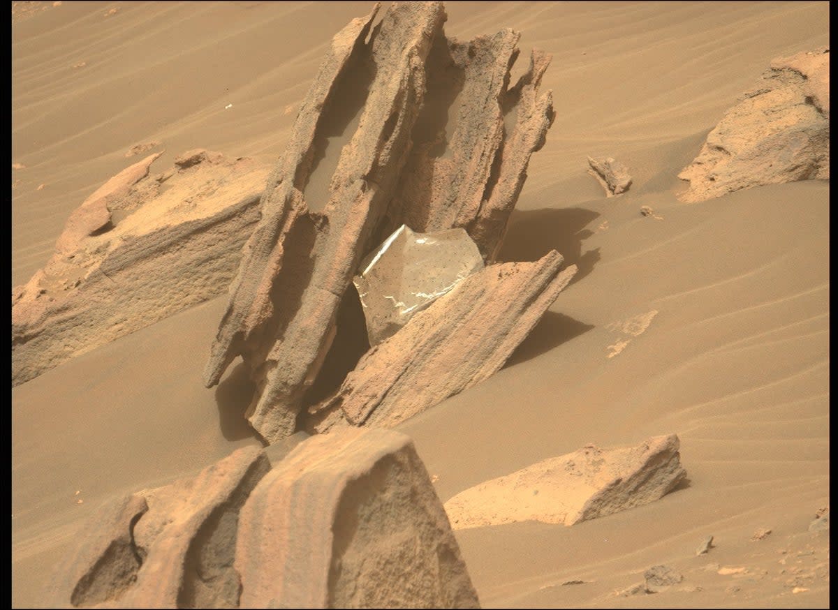 Nasa’s Perseverance rover just stumbled across a piece of foil from the descent stage that brought the rover to the Red Planet in 2021.  (Nasa/JPL)