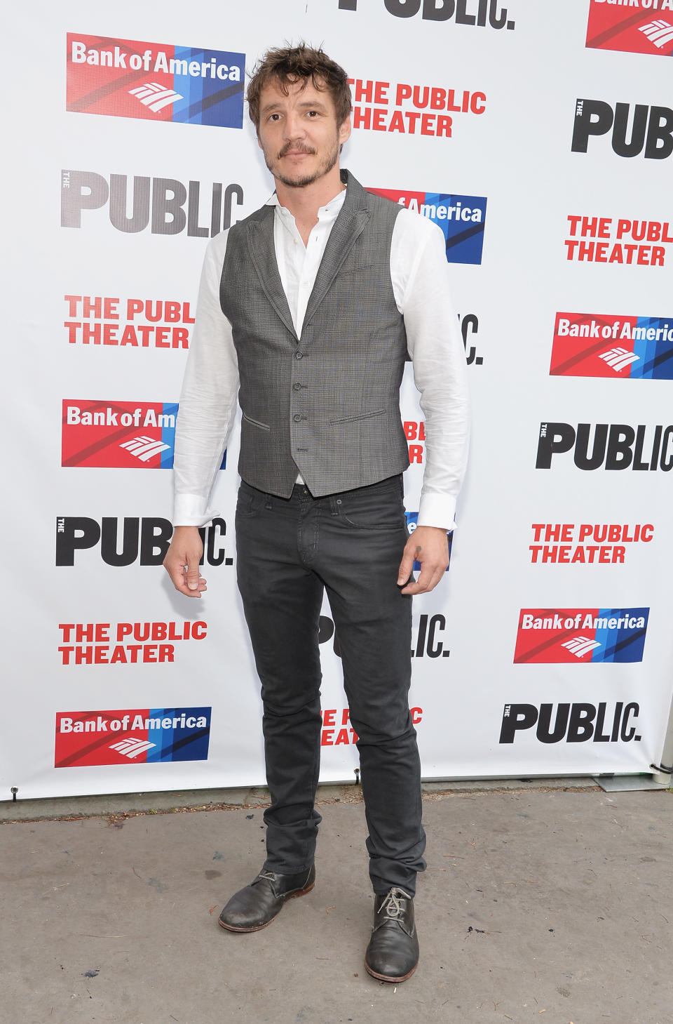 Pedro Pascal, Public Theater's 2014 Gala celebrating, New York, leather shoes, vest, denim